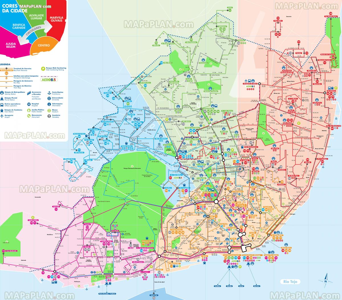 lisabonské autobusové linky mapě