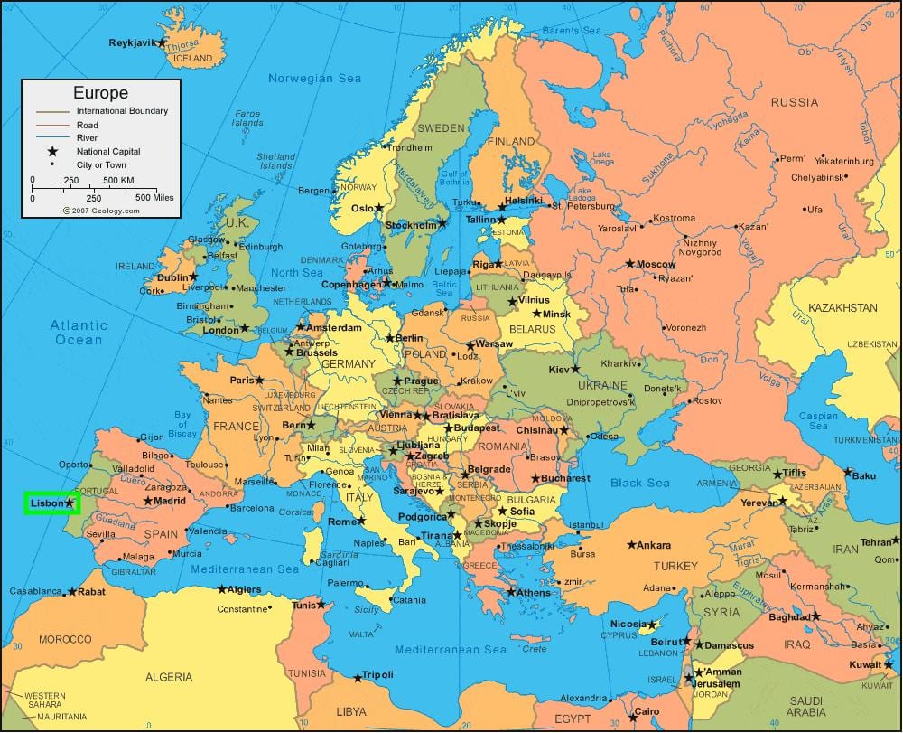lisabon portugalsko mapa evropy
