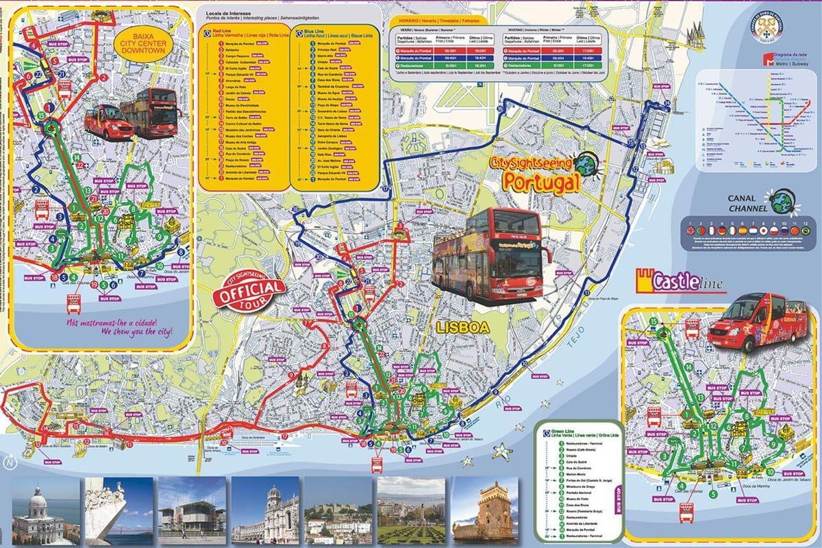 lisabonská hop on hop off autobusové trasy mapě
