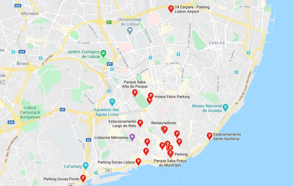 mapa lisabonu parkoviště 