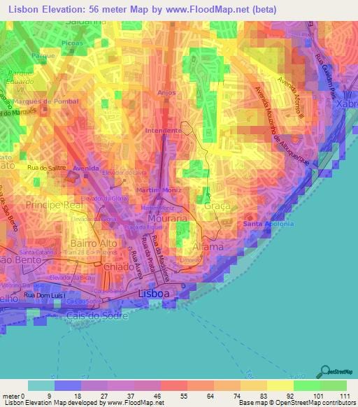 mapa lisabonu topografické 