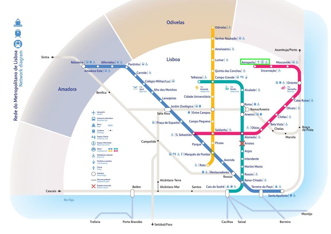 lisabonské letiště do města, mapa metra