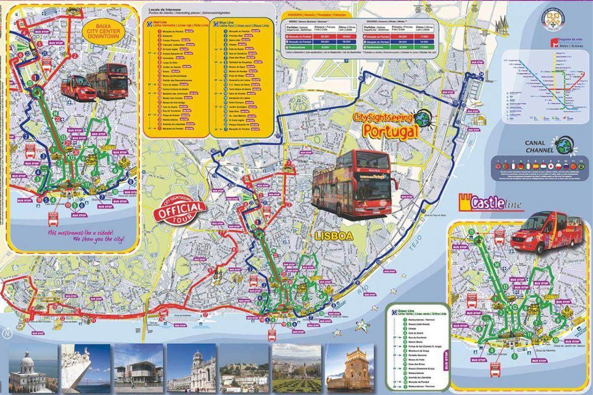 lisabonská hop on hop off autobusové trasy mapě