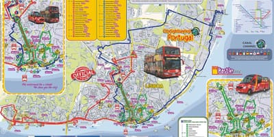 Lisabonská hop on hop off autobusové trasy mapě